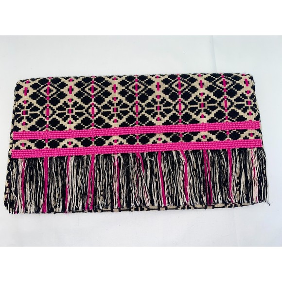 ROBERTA ROLLER RABBIT Textile Woven Diamond Pattern Fringe/Beaded Boho Clutch - Picture 1 of 9